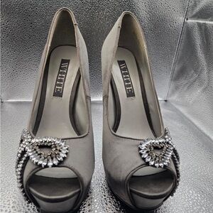WHIT Gray Peep Toe Heels with Rhinestone Detail